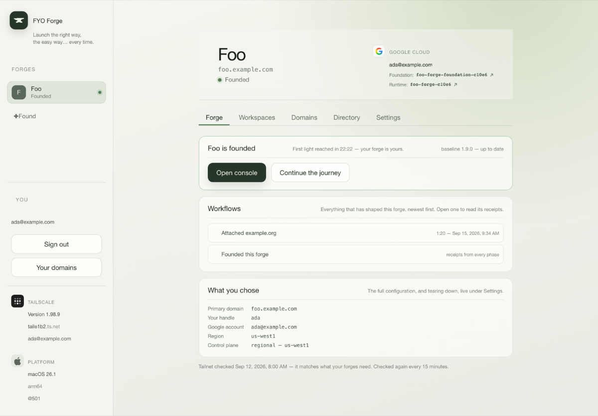 FYO Forge showing a founded forge: first light reached, open console, workflows with receipts, and the configuration chosen